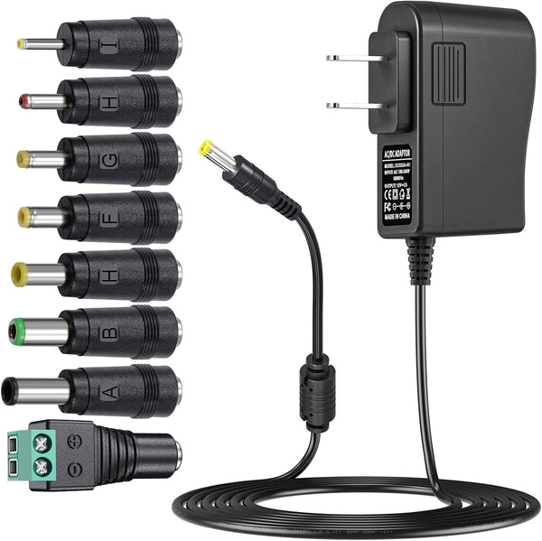 SoulBay 12V 2A Power Supply Regulated 12 Volt DC Adapter with 8 Tips, 8.2FT Cord