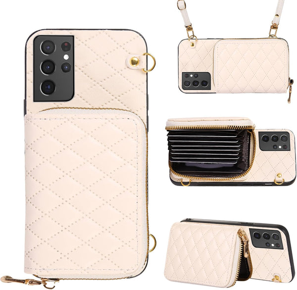 Furiet Detachable Crossbody Strap Wallet Case for Samsung Galaxy S21 Ultra 5G, Zipper Purse, Multi Card Slots, PU