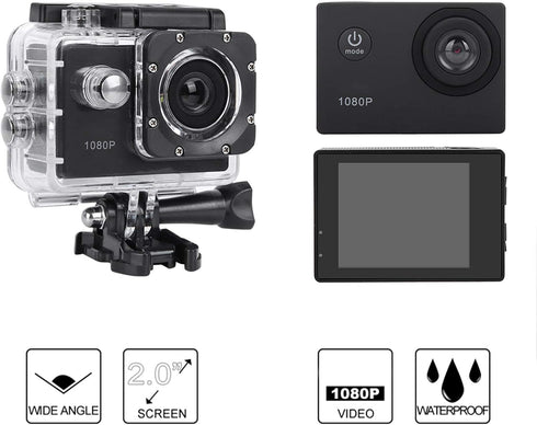 ASHATA A7 1080P 2.0in 30m 140 900mAh Action Camera Camcorder, HD, Screen, Waterproof, Wide Angle, Battery, Black