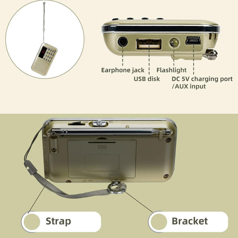 Retekess PR11 Portable AM FM Radio, Rechargeable Transistor Radio with Headphone Jack and MP3 Support (Gold)