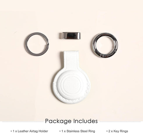 Genuine Leather Airtag Holder, Suitable for Apple Airtag Keychain with Stainless Steel Ring Lock - White V2.0