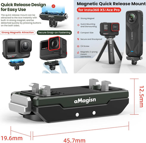 Honlyn Insta360 X4 Air/X5/ 2/Ace Metal Magnetic Mount Compatible with Ace Pro Pro Quick Release Adapter