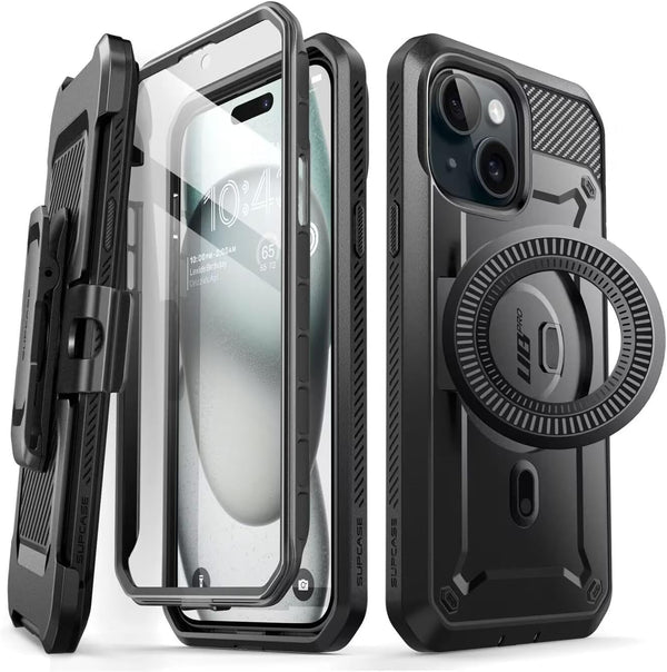 SUPCASE iPhone 15 Plus Case with Stand, Compatible with MagSafe, Built-in Screen Protector, Black