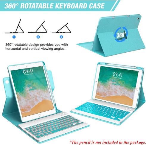 Keyboard Case for iPad 9.7 inch 5th 6th Generation - 360° Rotatable Case with 7 Color Backlit Bluetooth Keyboard, Lake