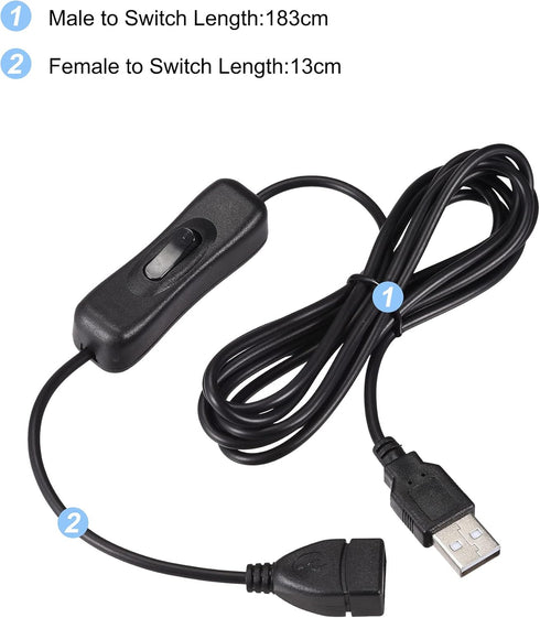 MECCANIXITY USB Cable with ON/Off Switch - 2M Black USB Male to Female Extension Cord for LED Desk Lamp