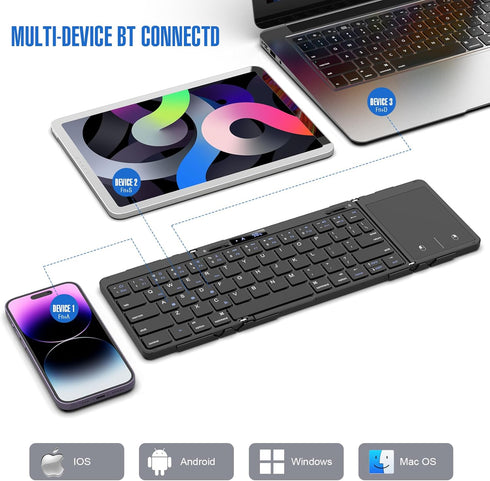 Foldable Travel Keyboard, Wireless Portable Folding Keyboard with Touchpad, Bluetooth for iPad, Tablet, Laptop,