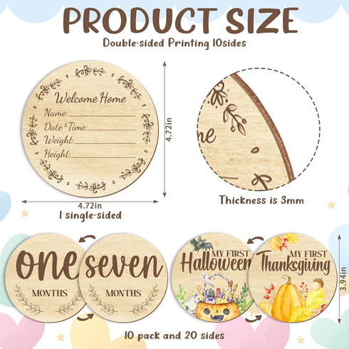Glodecart 11PCS Baby Monthly Milestone for Photo Props, Wooden Double Sided Monthly Milestone Photo Cards for Baby