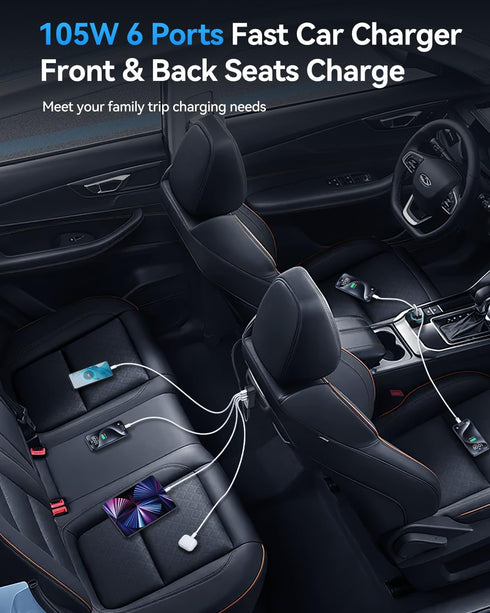Rocoren 105W USB C Car Charger 6-Port for Family Travel, PD 35W & QC3.0 30W Super Fast Charging for Multiple Devices
