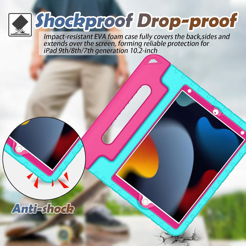 LTROP Kids Case for iPad 9th/8th/7th Generation - Turquoise and Rose Handle Stand Case for 10.2 iPad
