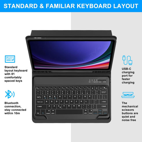 SENGBIRCH Keyboard Case for Samsung Galaxy Tab S9 FE+ 5G: Wireless Bluetooth Keyboard with Auto Sleep/Wake, Black