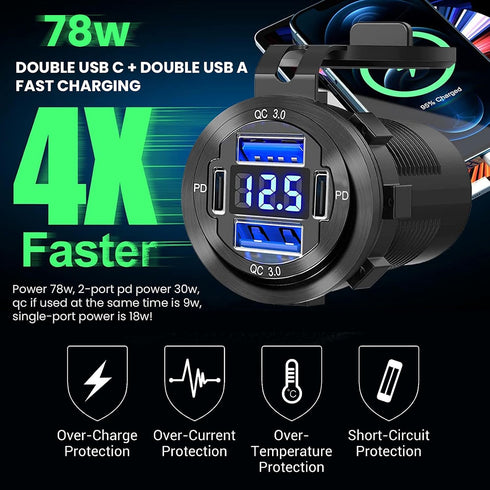 12V USB Outlet, 4 USB Port Aluminum Charger Socket, 2 USB C PD & 2 USB QC3.0 with Voltmeter for Car Boat Marine
