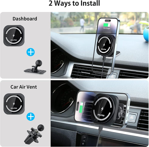 OHLPRO MagSafe Car Mount, Super Strong Magnetic Wireless Charger for iPhone 15 Pro Max, with QC 3.0 Adapter