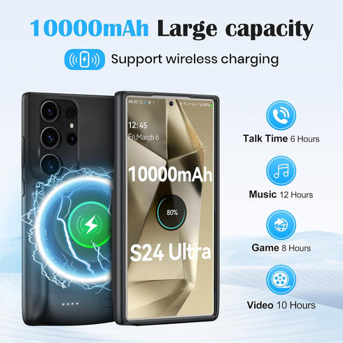 Battery Case for Galaxy S24 Ultra, 10000mAh Black - Extended Power Bank and Wireless Charger Case
