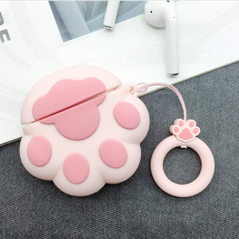 Cat Paw AirPods Case 1/2 - Compatible Protective Silicone Skin for Women - Funny Kawaii 3D Cover with Ring (Pink)