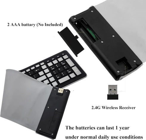 Wireless Silicone Keyboard, Portable Foldable Roll Up Soft Rubber Keyboard for PC, Laptop, and Travel (Black and Gray).