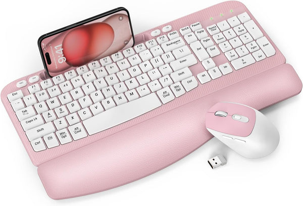Wireless Keyboard and Mouse Combo, EAYBLLY Wave Keys Ergonomic Keyboard with Wrist Rest, 2.4GHz Set