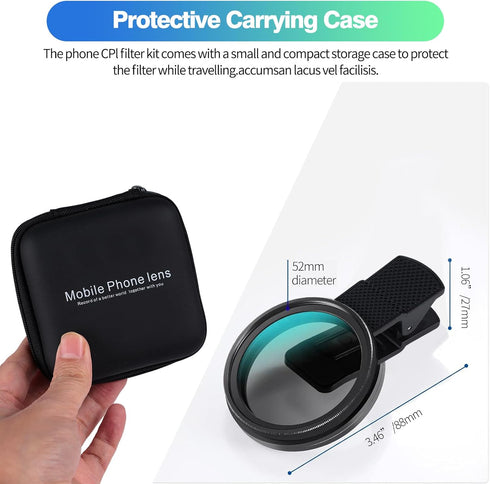 RiNTREE 52mm CPL Filter for iPhone & Android, Phone Polarizing Lens Kit with Clip-On Adapter to Eliminate Glare
