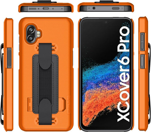 Samsung Galaxy XCover6 Pro (SM-G736) Case - Orange Shell with Hand Strap, Kickstand & Screen Protector.
