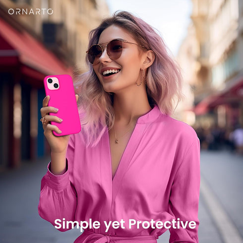 ORNARTO iPhone 15 Plus Case 6.7" - Slim Hot Pink Liquid Silicone, 3 Layers, Soft Gel Rubber, Anti-Scratch Microfiber