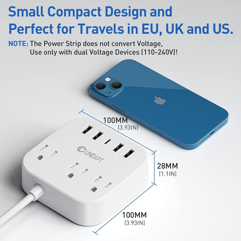 Unidapt European Plug Adapter, US to UK Europe Power Strip with 4 USB Ports, 3 AC Outlets, 5ft Extension Cord, Wall