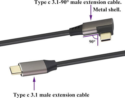 Right Angle Type C 3.1 Extension Cable - 4K@60Hz 90 Degree Type C USB Male to Male Connector Cable (1M/3Ft)