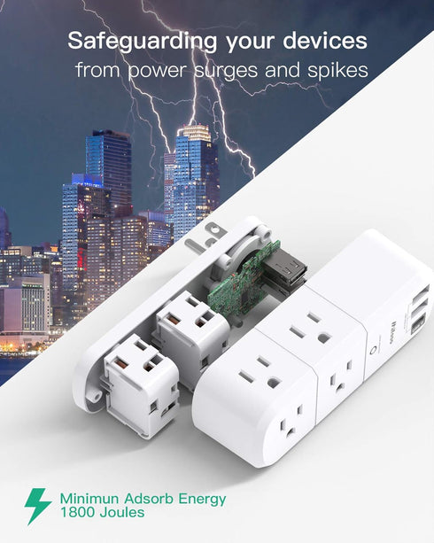 Mifaso 6 3 1800 3-Sided Outlet Extender with Rotating Plug, Surge Protector AC Multi Plug Wall Outlets and USB Ports