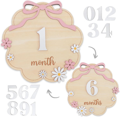 TTMerriwood Set 112 Wooden Baby Monthly Milestone Sign with Pink Bow, Month Cloud Shape Photo Prop, Floral Baby Girl