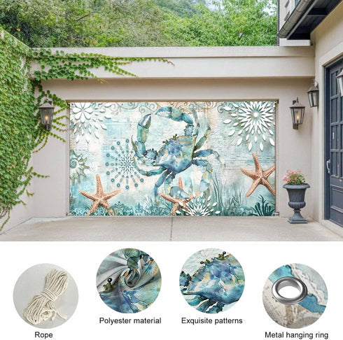 GNAKT AREWG 13x6ft Summer Garage Door Banner Cover Coastal Crabs Starfish Waterweed Garage Door Decoratons Banner