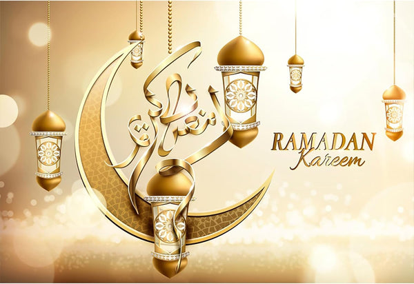 Baocicco 5x3ft Polyester Background for Eid Mubarak Photography - Golden Crescent Moon, Stars, Islamic Lanterns Decor