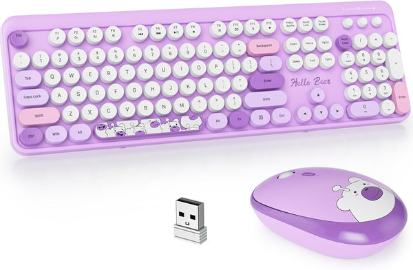 GTSP Typewriter Purple Wireless Keyboard and Mouse, Cute 2.4G Full-Size Retro Keyboard for Laptop PC