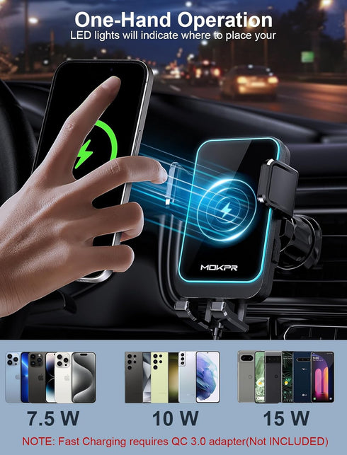 Wireless Car Charger, MOKPR 15W Fast Charging Auto Clamping Car Phone Holder for iPhone 15/14/13/12 Pro Max