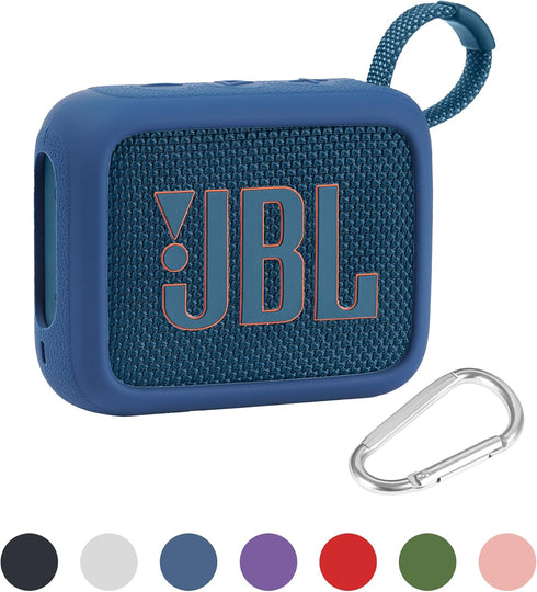for JBL Go 4 Waterproof Bluetooth Speaker, Silicone Cover Case with Carabiner, Portable Protective Skin Case, Blue