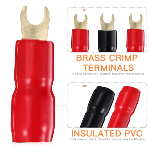 10 Pairs Copper Gold Plated 4 Gauge Strip Spade Terminal Plugs, Crimp Barrier Spades for Speaker Wire