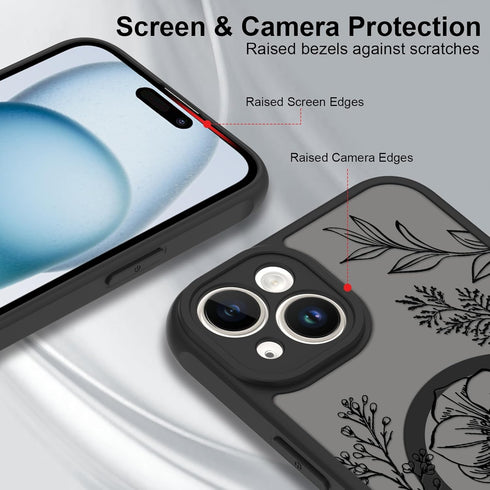 OOK 15 6.1 Inch Designed for iPhone Case Black Floral Flower Leaves Pattern Compatible with Magsafe Soft TPU Bumper