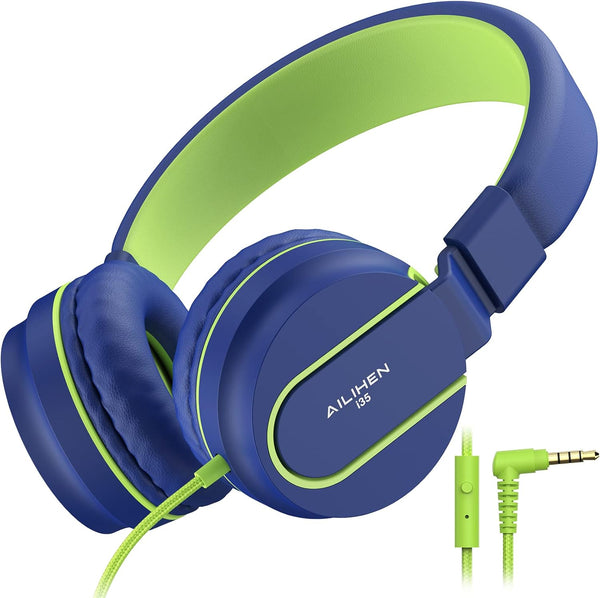 AILIHEN Kids Headphones, I35 On-Ear Headphones for School, Safe Volume 93dB, Foldable, Blue Green