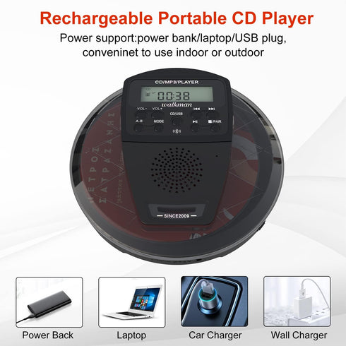 Rechargeable CD Player Portable with Bluetooth - Compact Anti-Skip Walkman CD Player with Earphone and LCD Display