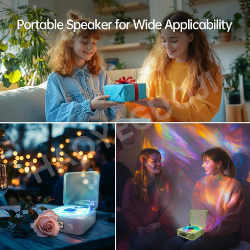 Retro-Style Wireless Waves Vinyl Bluetooth Speaker - Aqua Vinyl Player with Ambience Light and Clock for Bedroom