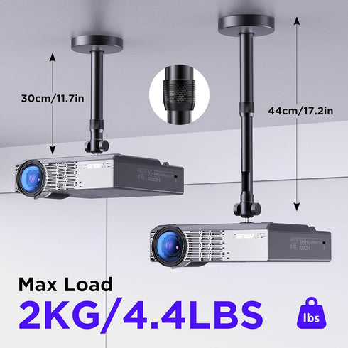 DAWASAPAT 360 90 9"-15" -Inch Ceiling Projector Mount Bracket Matte Black, Rotation & Tilt, Adjustable Length, Screw