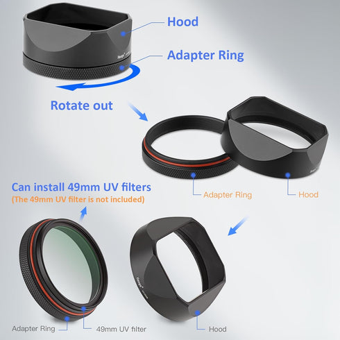 Haoge LH-X54B Square Metal Lens Hood with 49mm Adapter Ring for Fujifilm X100VI Fuji X100V Camera, Black