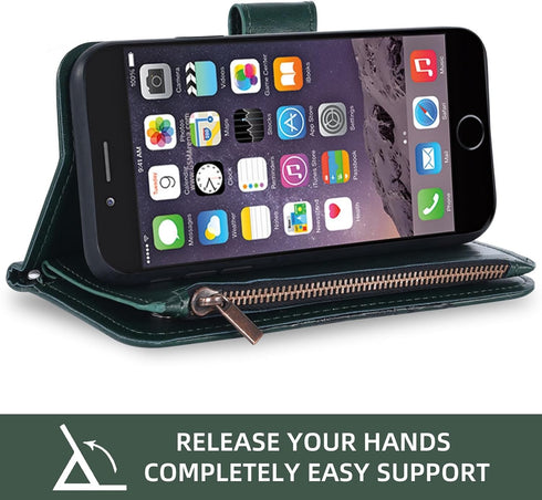 Asuwish iPhone 6 6s Wallet Case with Flip Card Holder & Tempered Glass Protector - Dark Green for Men & Women.