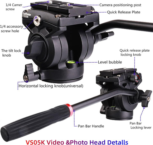 VS05K Tripod Fluid Head with 1/4" Arca QR Plate, Max Load 11 lbs for Video and DSLR Cameras, 3/8 to 1/4 Inch Screws