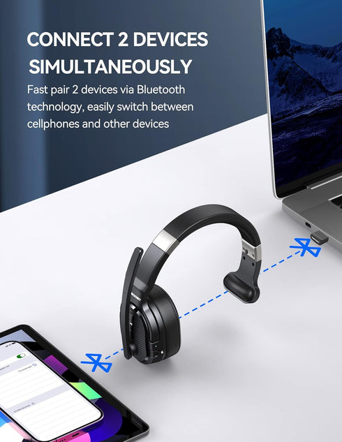 TECKNET Trucker Bluetooth Headset, Wireless Headphones with Microphone & Dongle, AI Noise Canceling, 70h Comfort for PC