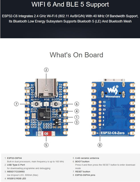 ESP32 Development Board ESP32-C6, Mini Board, Dual Processors, 2.4GHz WiFi 6 & Bluetooth 5