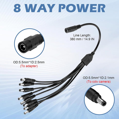 HOAYVKJ 12V 5A 8-Way 100-240V 5.5x2.1mm Security Camera Power Supply with Splitter Cable AC to DC Converter for CCTV