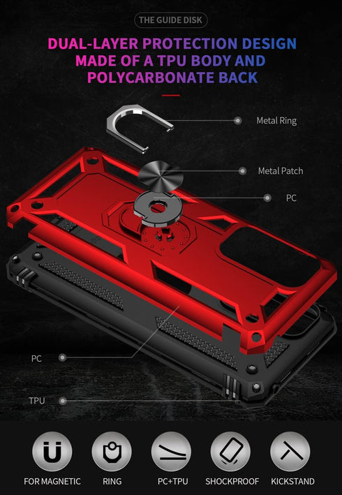 Androgate Compatible with Motorola Moto Edge 2021 Case, Military-Grade Metal Ring Kickstand, 15ft Drop Tested (Red)