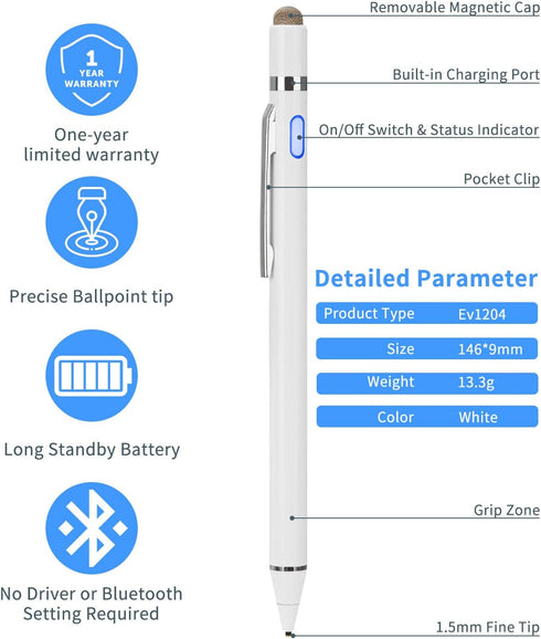 2-in-1 Active Stylus Digital Pen with 1.5mm Ultra Fine Tip for iPad, iPhone, Samsung Tablets, Touchscreen Phones, White