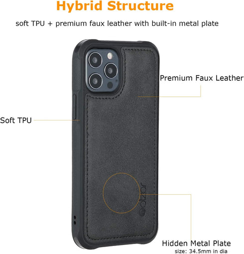 Molzar MAG Series iPhone 12 and 12 Pro Case, Faux Leather with Built-in Metal Plate for Magnetic Mount