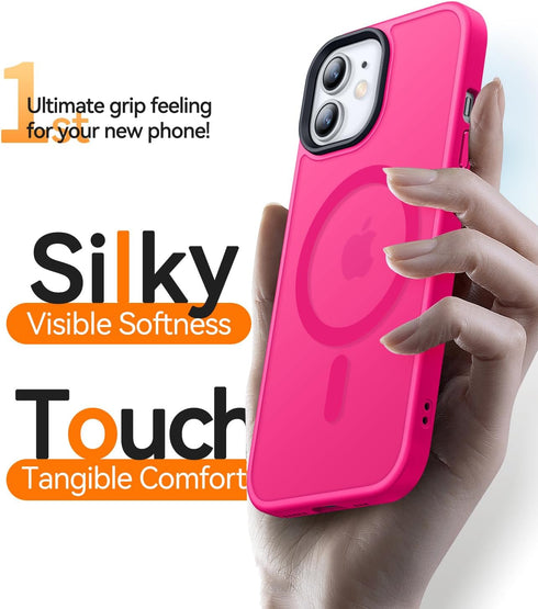 CANSHN Slim Shockproof Case for iPhone 12/12 Pro 6.1" - Hot Pink, Translucent Matte, MagSafe Compatible Bumper Cover.