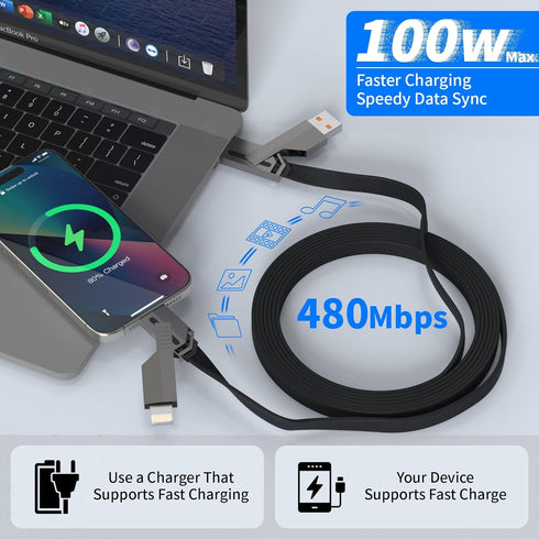 USB C Cable, 4-in-1 USB-C Lightning Cable (4ft), 100W Fast Charging Flat Braided Cord for iPhone, iPad, MacBook