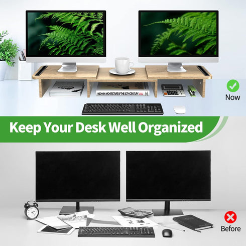 Zimilar Large Oak Dual Monitor Stand Riser with Adjustable Length and Angle, Wood Monitor Stand for 2 Monitors with